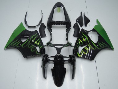 Affordable 2000-2002 Black with Green Flame Kawasaki ZX6R Motorcyle Fairings Canada