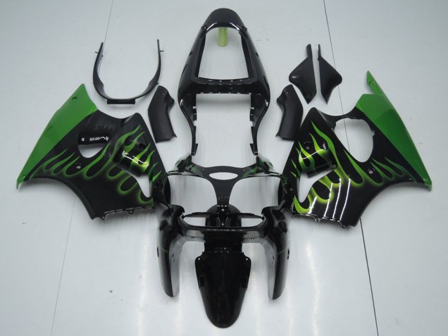 Affordable 2000-2002 Black with Green Flame Kawasaki ZX6R Motorcyle Fairings Canada