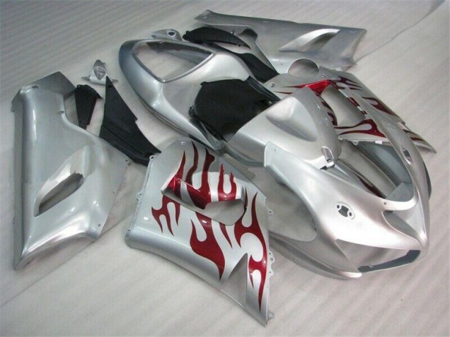 Affordable 2005-2006 Silver Red Flames Kawasaki ZX6R Motorcycle Fairings Canada Affordable 2005-2006 Silver Red Flames Kawasaki ZX6R Motorcycle Fairings Canada