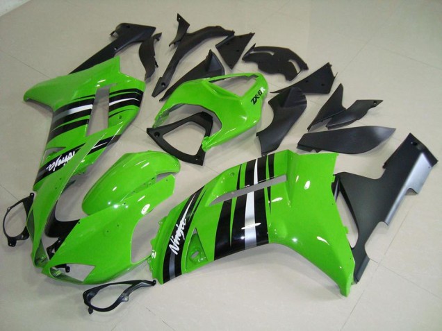 Affordable 2007-2008 Green and Silver Stripe Kawasaki ZX6R Motorcycle Fairings Kits Canada Affordable 2007-2008 Green and Silver Stripe Kawasaki ZX6R Motorcycle Fairings Kits Canada